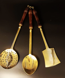 Set of 3 Pure Brass Ladles with Wooden Handle
